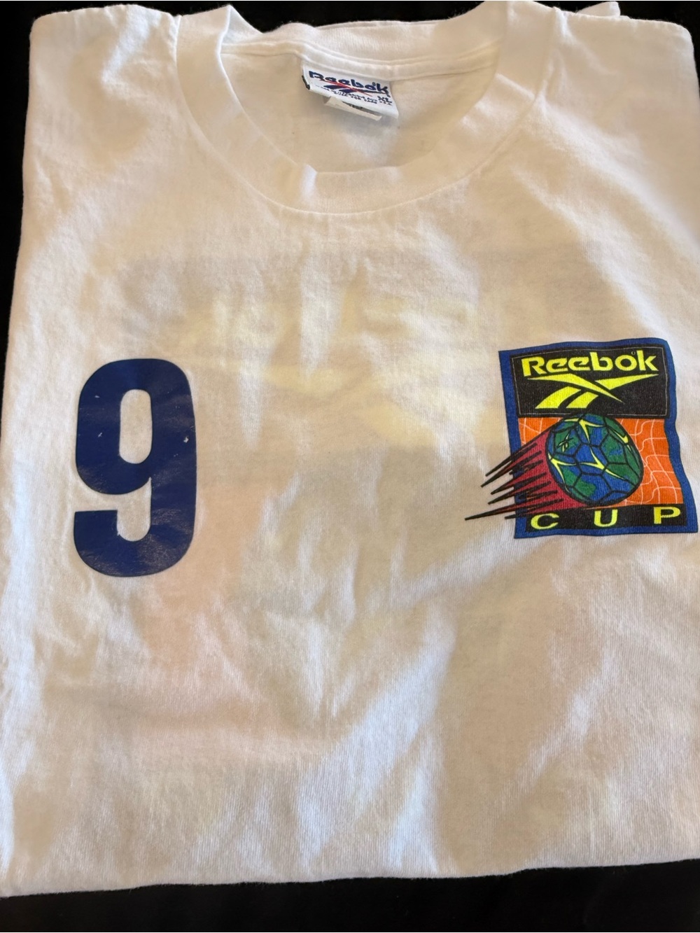 Reebok vintage White Soccer Cup Graphic T-shirt with Blue Number 9